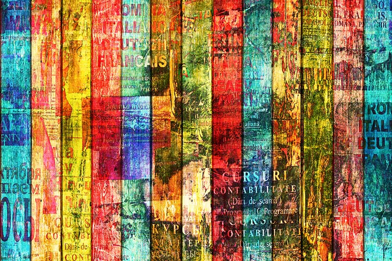 Sections of old posters in stripes, painted and otherwise distressed.