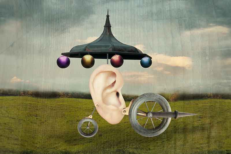 Surrealistic digital painting of a bicycle made of wheels with a giant ear covered by a fancy umbrella.