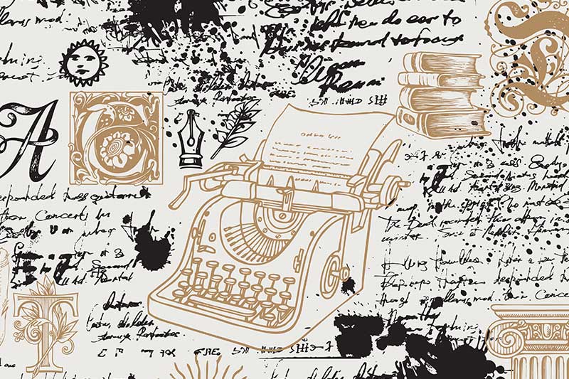 A illustration with an old typewriter, ink splotches, and various writing-related graphics.